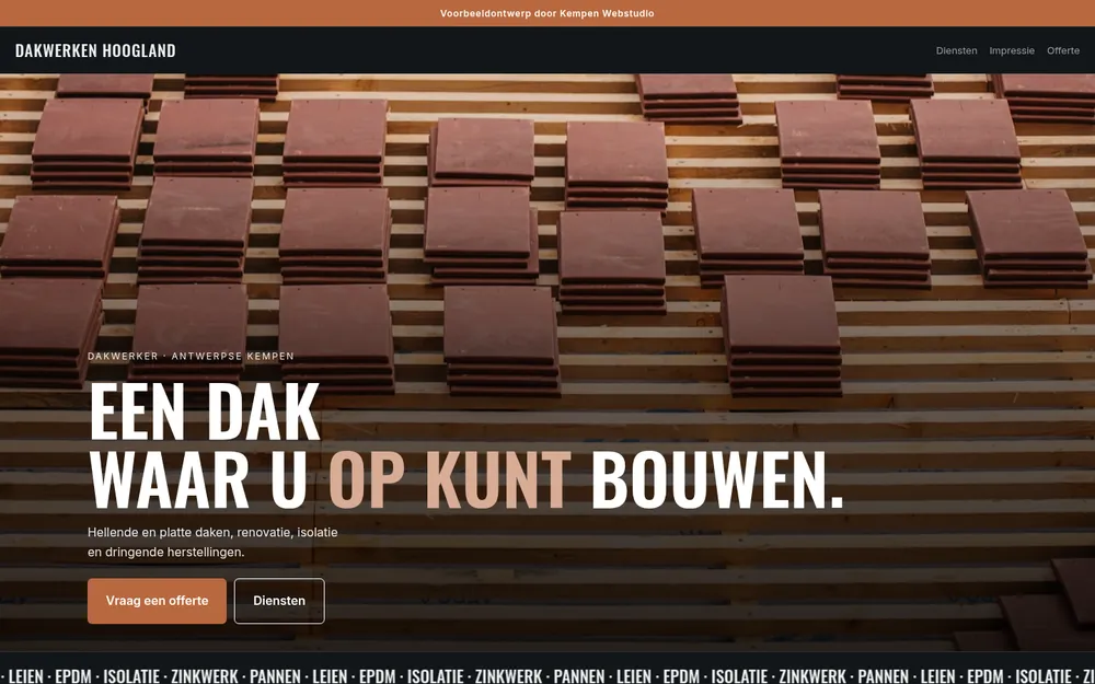Schermafbeelding van het voorbeeldontwerp Dakwerken Hoogland op een computer