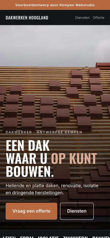 Schermafbeelding van het voorbeeldontwerp Dakwerken Hoogland op een smartphone
